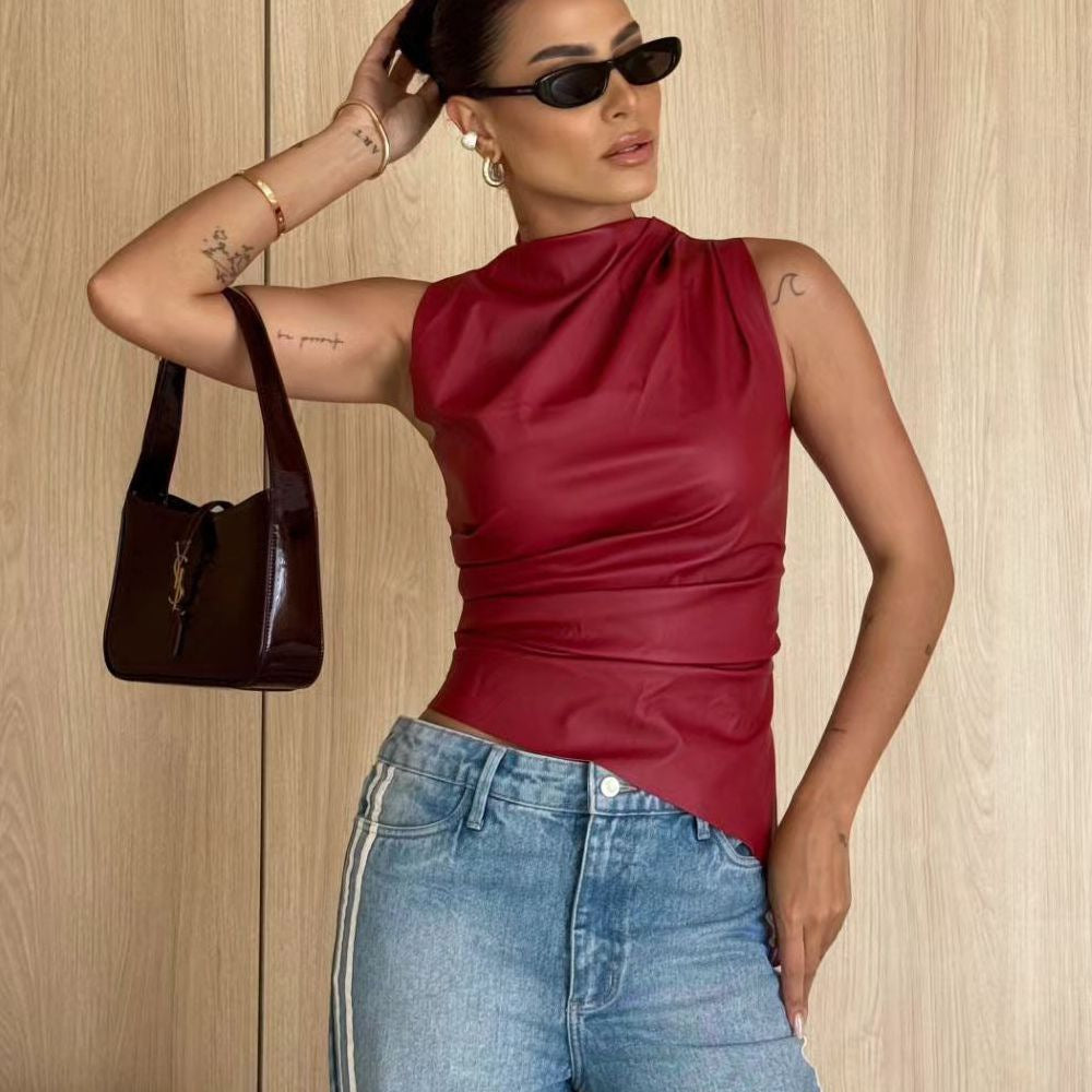 Women's faux leather mock neck cinched sleeveless tank top in black, chic party-to-work style