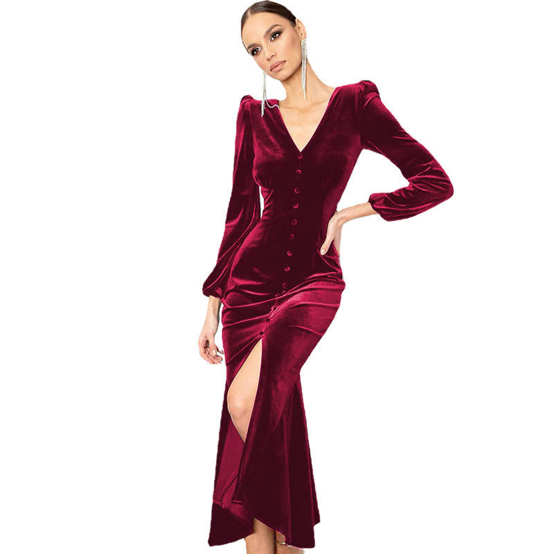 Purple velvet patchwork long sleeve dress with deep V-neck, shoulder pads, and dramatic high slit