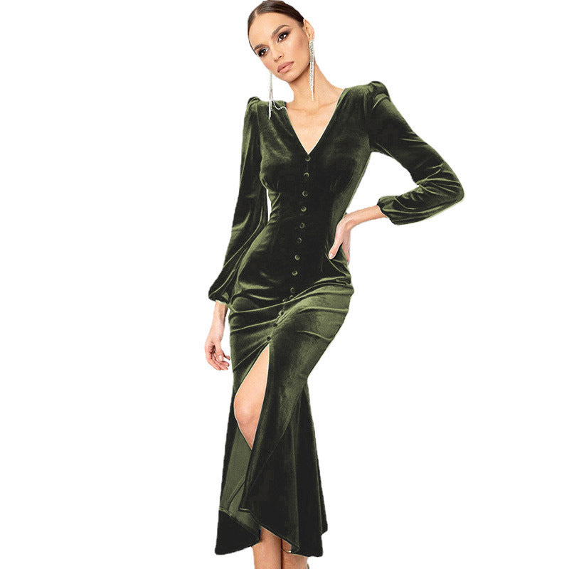Purple velvet patchwork long sleeve dress with deep V-neck, shoulder pads, and dramatic high slit