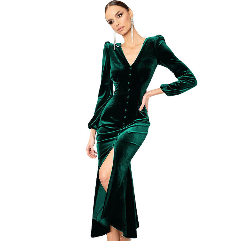 Purple velvet patchwork long sleeve dress with deep V-neck, shoulder pads, and dramatic high slit