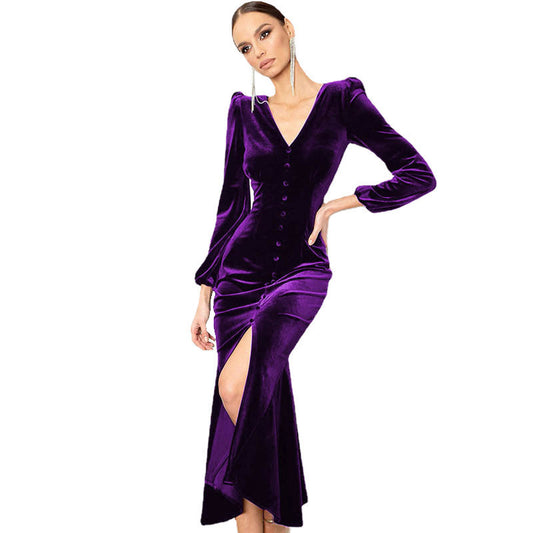 Purple velvet patchwork long sleeve dress with deep V-neck, shoulder pads, and dramatic high slit