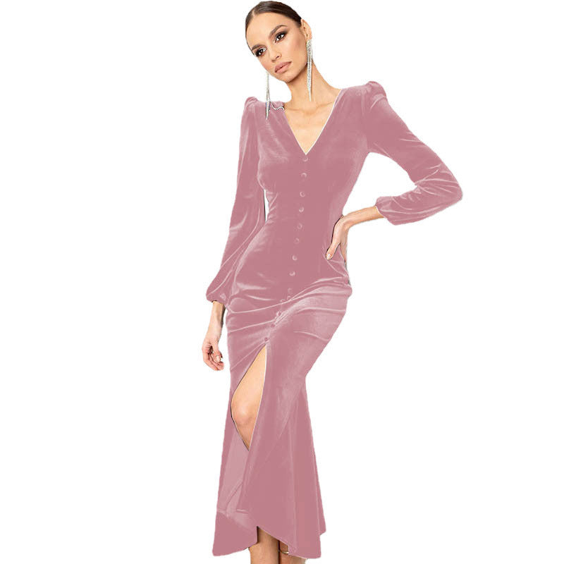 Purple velvet patchwork long sleeve dress with deep V-neck, shoulder pads, and dramatic high slit
