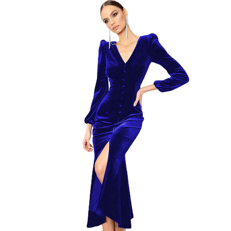 Purple velvet patchwork long sleeve dress with V-neck, shoulder pads, and dramatic high slit