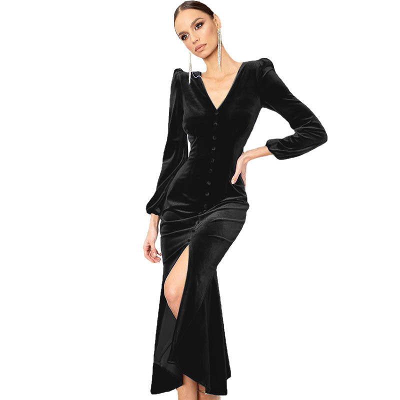 Purple velvet patchwork long sleeve dress with deep V-neck, shoulder pads, and dramatic high slit