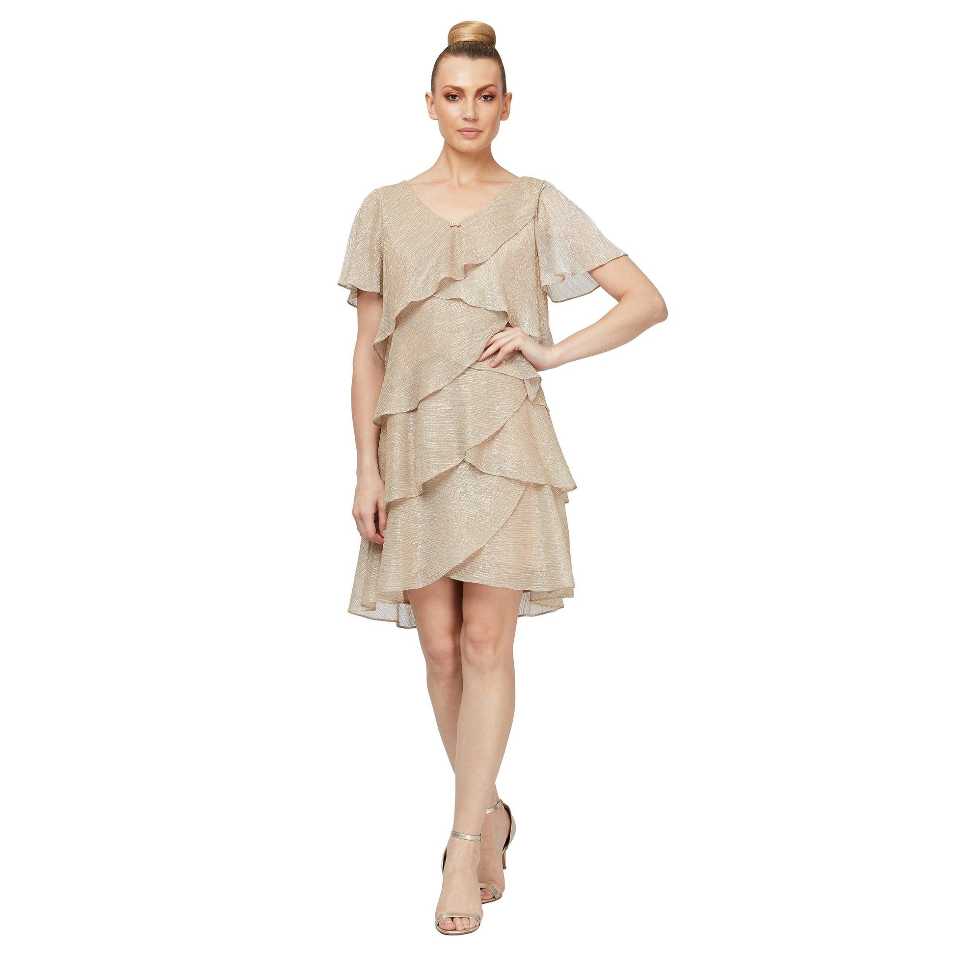 SL Fashions high-low ruffle tiered dress navy metallic short sleeve V-neck jewel accent mother bride