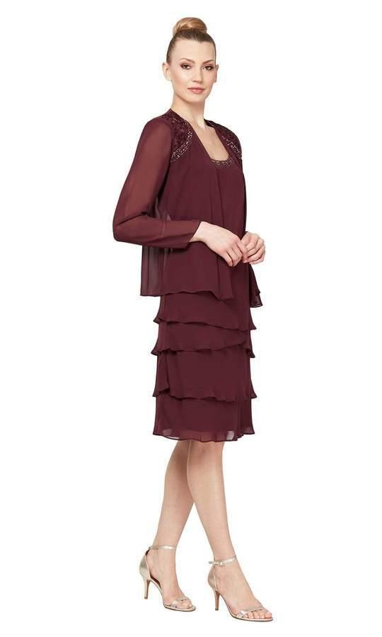 Short chiffon tiered beaded scoop neckline dress with matching long sleeve jacket for mother of bride