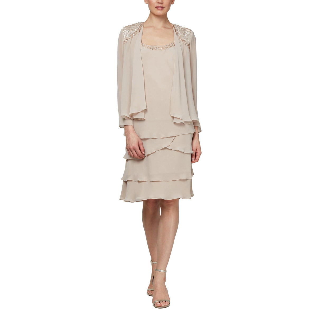 Knee-length chiffon tiered dress with beaded scoop neckline and matching long sleeve jacket in steel blue