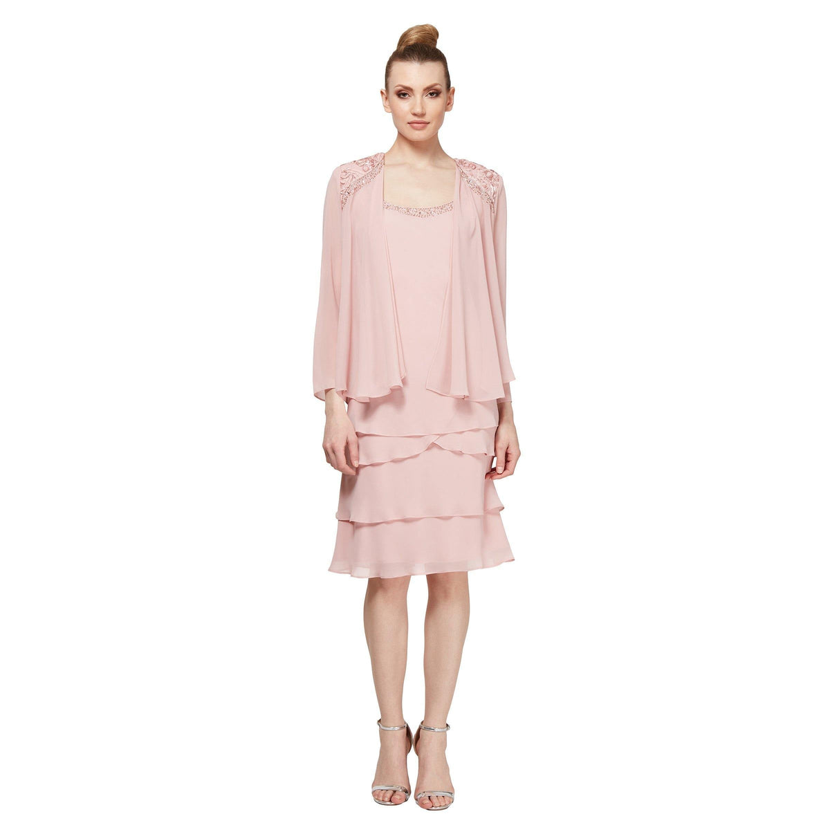 Knee-length chiffon tiered dress with beaded scoop neckline and matching long sleeve jacket
