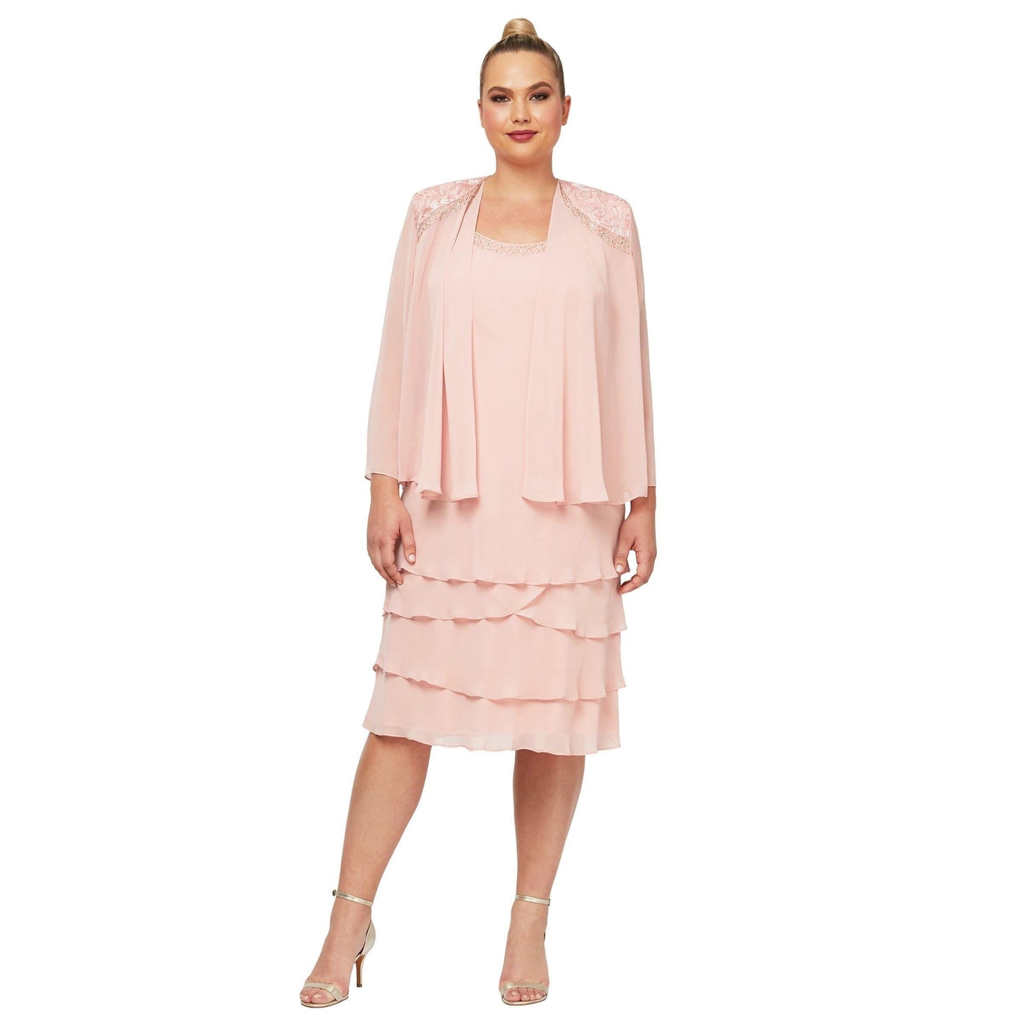 Navy chiffon knee-length mother of the bride cocktail dress with matching sleeveless jacket