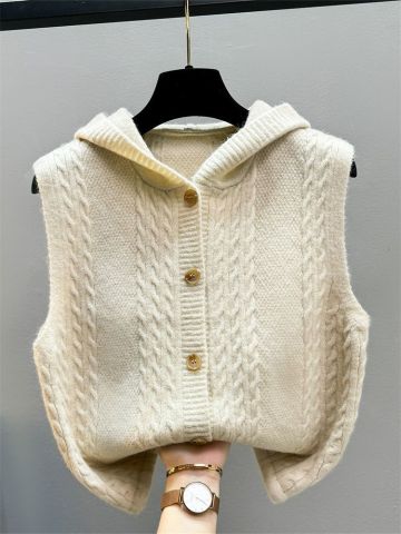Ivory knit vest sweater with twist-knit detail, sleeveless waistcoat silhouette for women