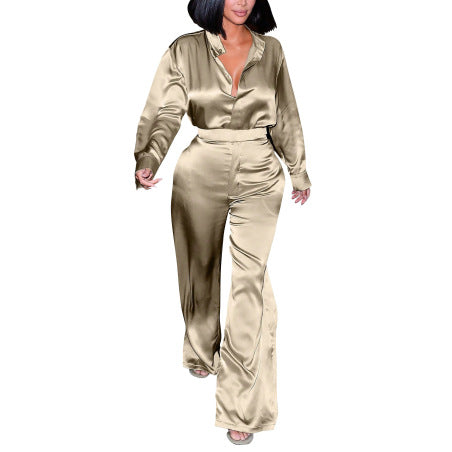 Champagne silk blend draped two-piece set with loose waist and relaxed elegant spring fit