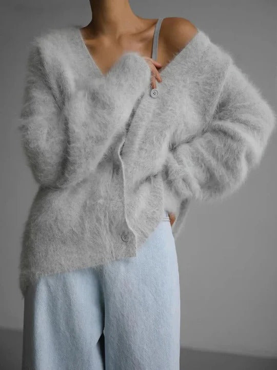 Soft plush knit cardigan in neutral tones, regular fit with lightweight drape for effortless layering