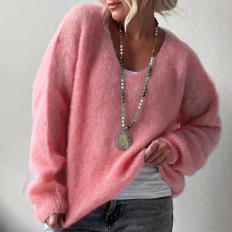 Oversized fluffy V-neck women's knit sweater in cozy autumn style with soft loose fit