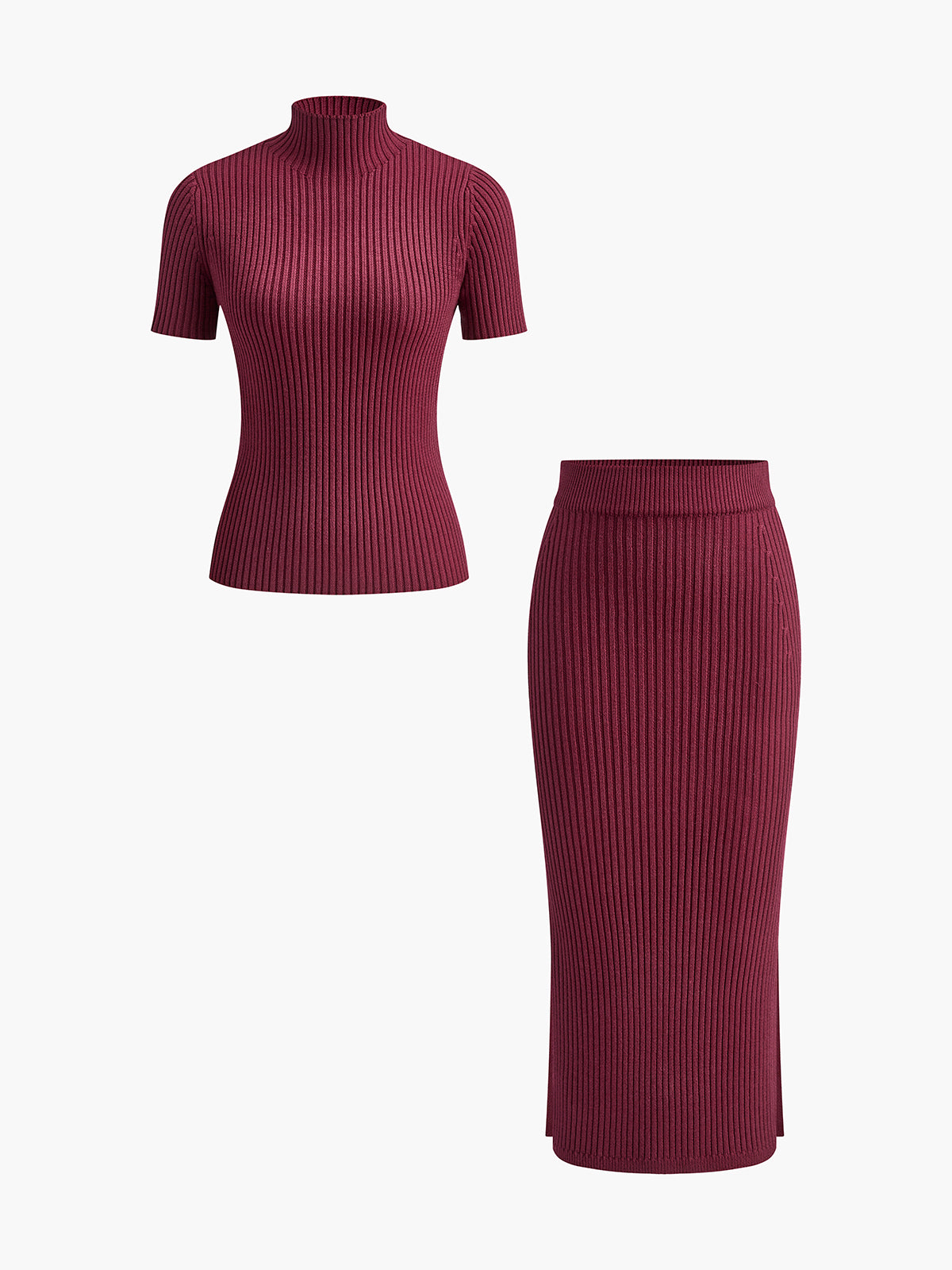 Solid ribbed knit two-piece skirt set with high neck, split hem, slim fit casual elegant style