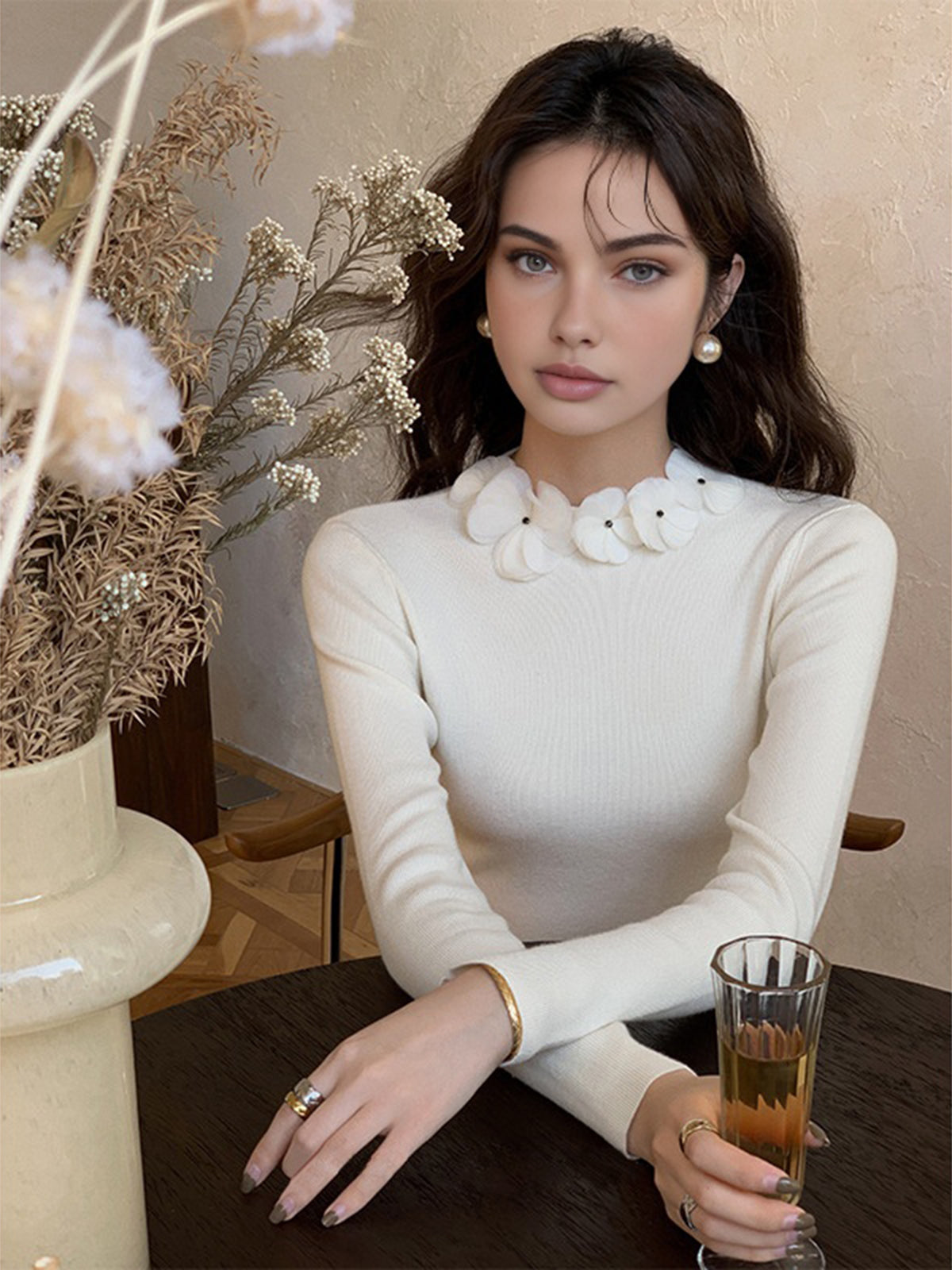 Women's elegant floral knit top long sleeve regular fit slight stretch versatile work leisure blouse