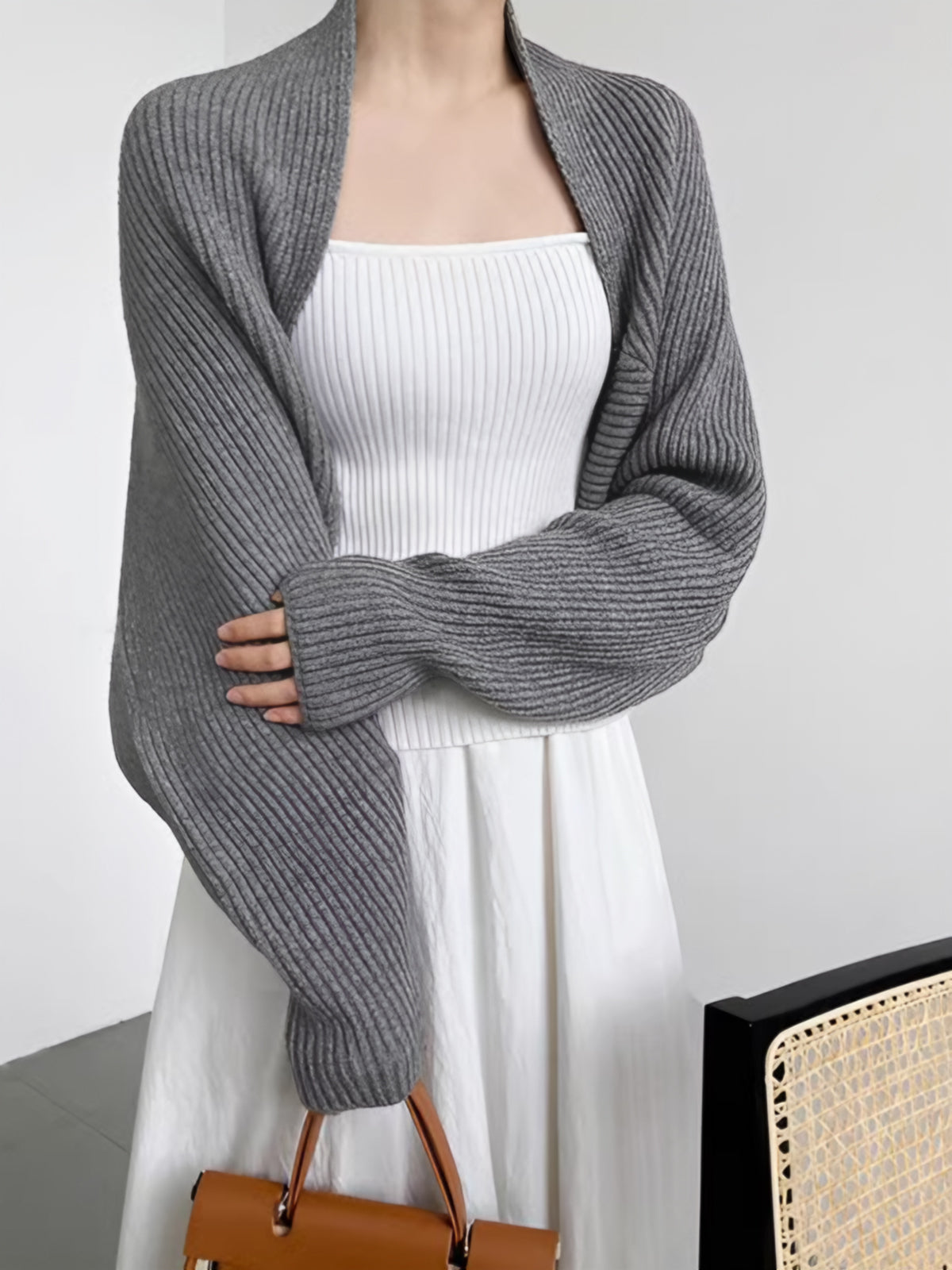 Isabella Wool Oversized Shrug Sweater | Shawl Collar Cropped Sweater