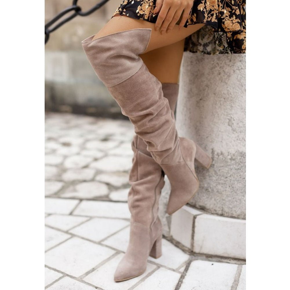 Women's over-the-knee slouchy high heel boots in sleek design with pointed toe elegant silhouette
