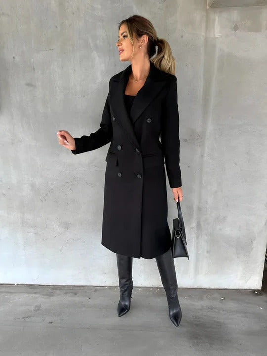 Tailored button-front coat with wide lapel collar, classic silhouette for timeless everyday elegance