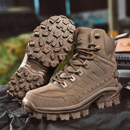 Men's high shaft PU leather boots with reinforced toe cap and non-slip outsole for all-terrain wear