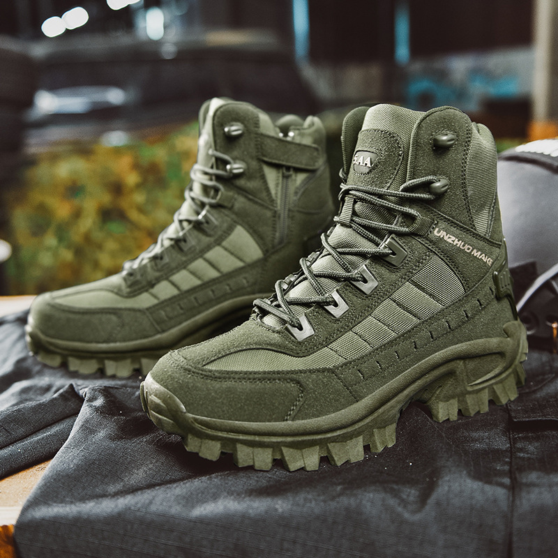 Men's high shaft PU leather boots with reinforced toe cap and non-slip outsole for all-terrain wear