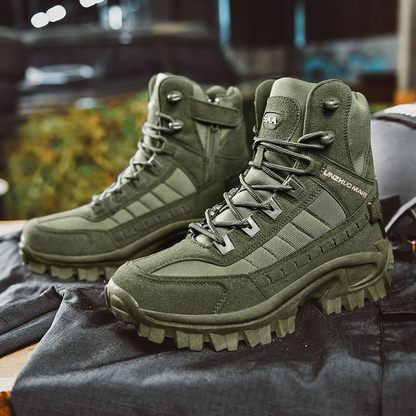 Men's high shaft PU leather boots with reinforced toe cap and non-slip outsole for all-terrain wear