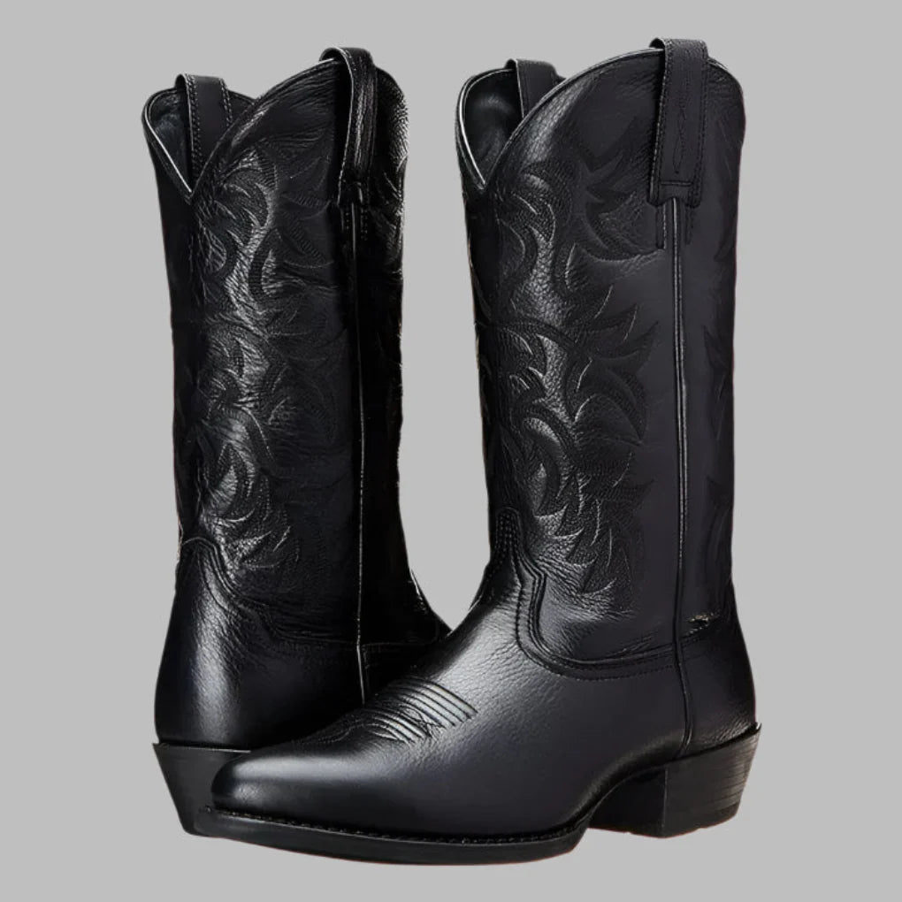 Men's brown vegan leather western cowboy pull-on boots with classic pointed toe silhouette