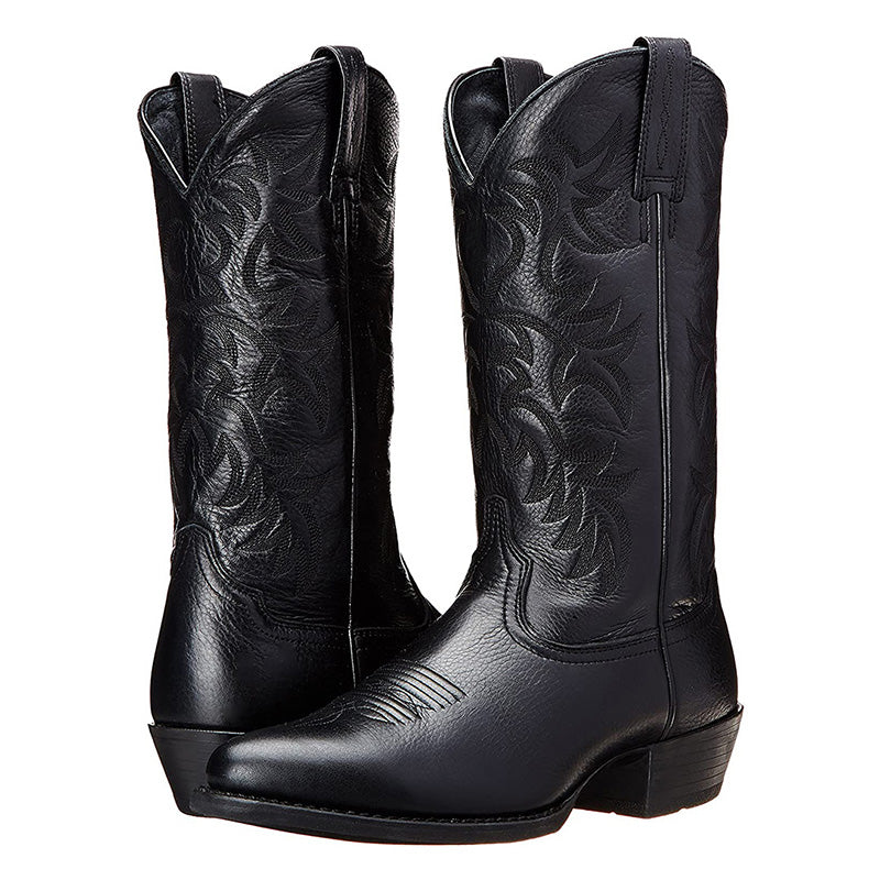 Women's classic western cowboy boots in tan leather with intricate embroidered shaft detailing