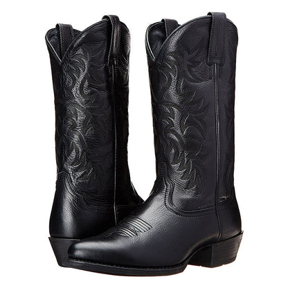 Men's vegan leather cowboy boots brown black high shaft embroidered Western design comfort heel
