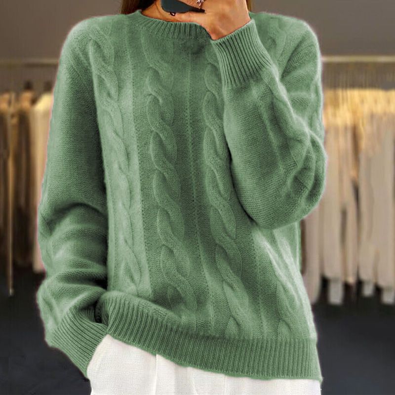 Women's cream wool blend cable knit pullover sweater, relaxed fit with ribbed hem detail