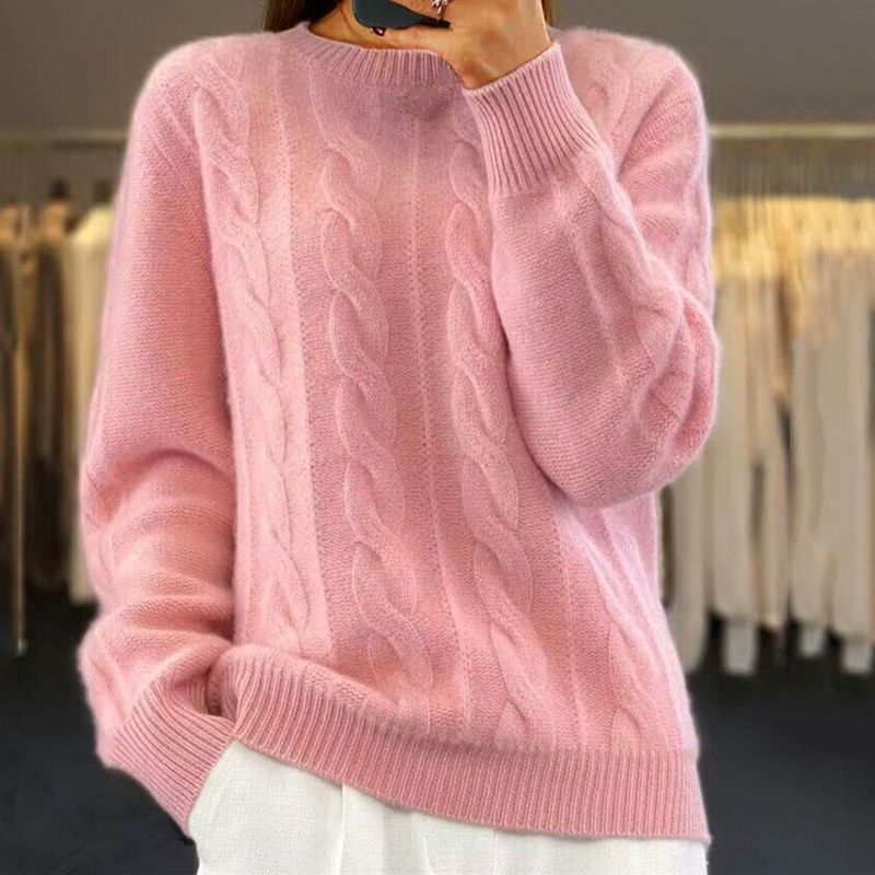 Women's cream cable knit wool blend pullover sweater, relaxed fit with ribbed hem