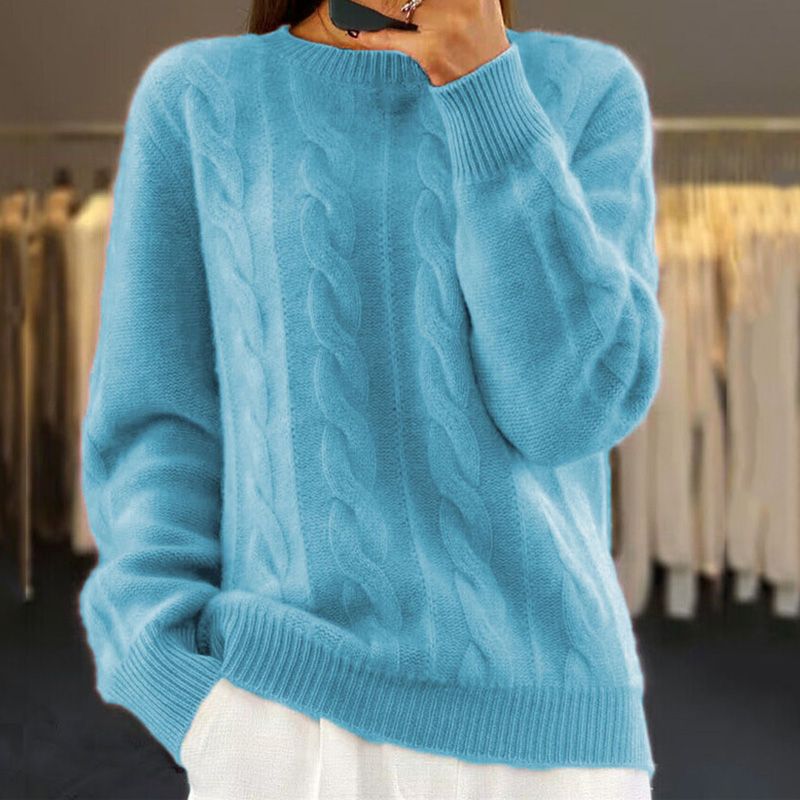 Ivory women's relaxed-fit cable knit pullover sweater in wool blend with ribbed hem