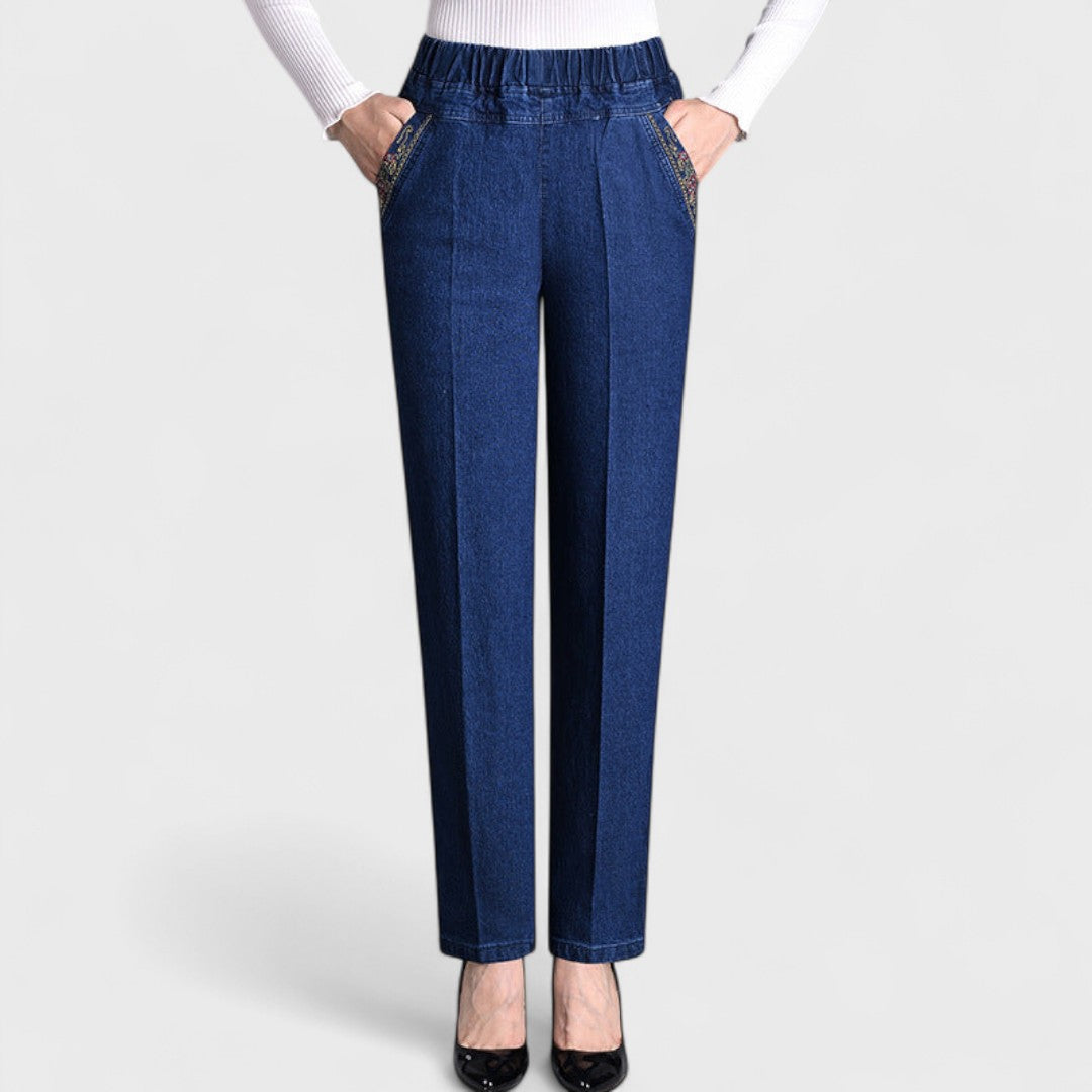 Women's blue stretch jeans elastic waist side pockets flattering everyday casual fit