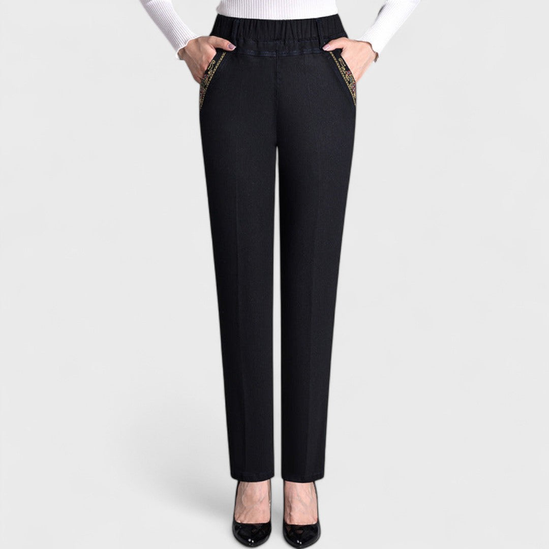 Women's blue stretch jeans elastic waist side pockets flattering everyday fit
