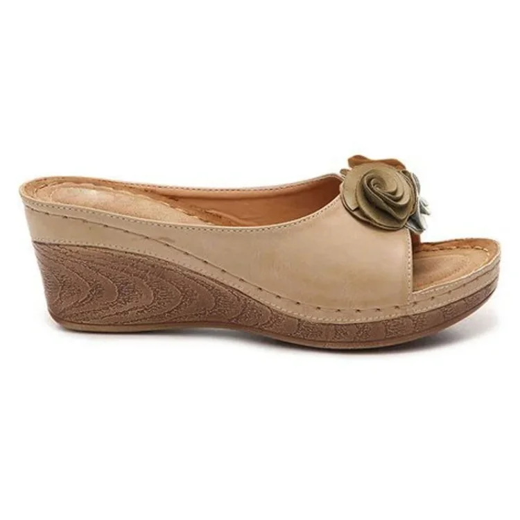 Women's comfort cushioned wedge sandals in neutral tone with ergonomic footbed and chic ankle strap