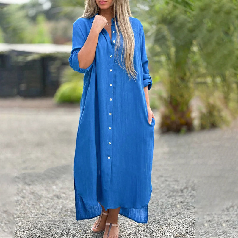 White casual button-down maxi shirt dress with tailored collar and flowing ankle-length silhouette