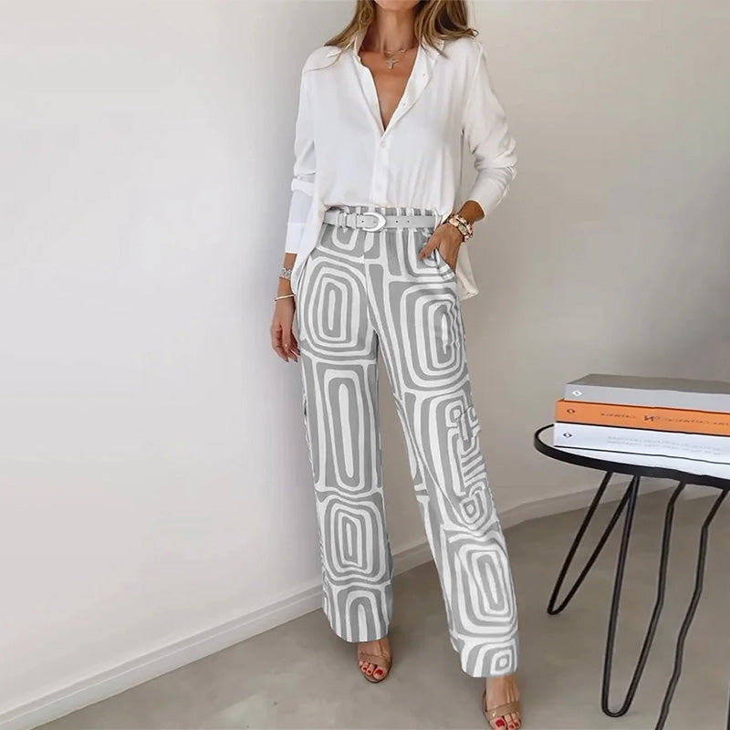 Ivory flowing shirt and patterned trousers two-piece set with sleek elegant cut for women