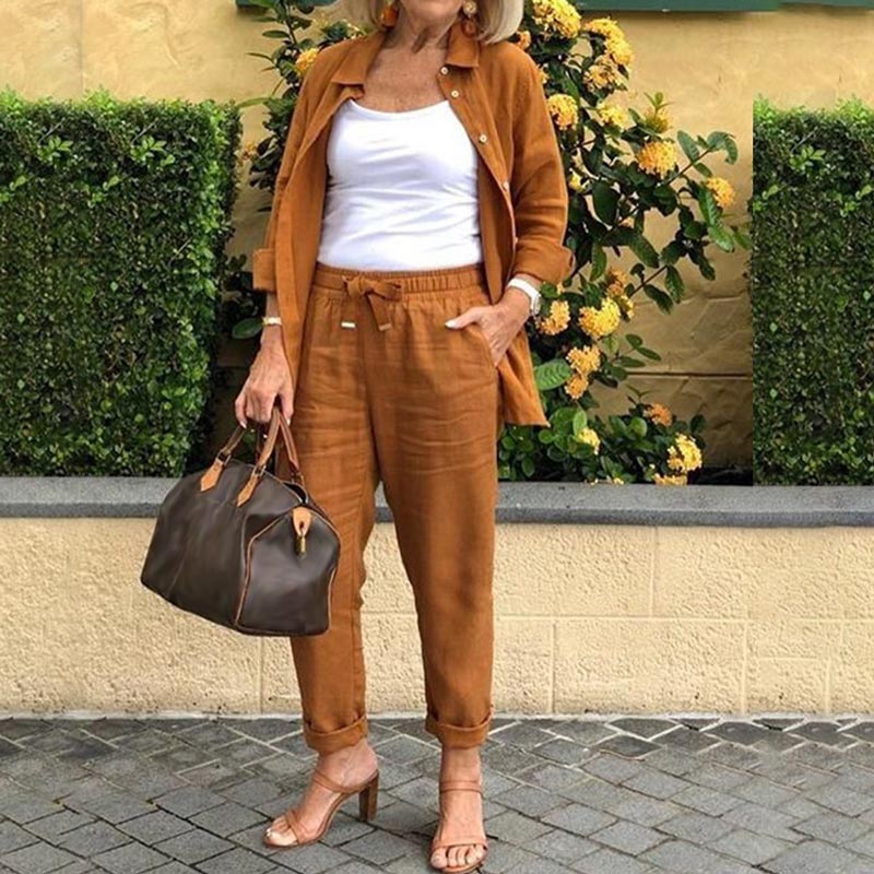Women's terracotta linen two-piece set with button-front shirt jacket and drawstring tapered pants