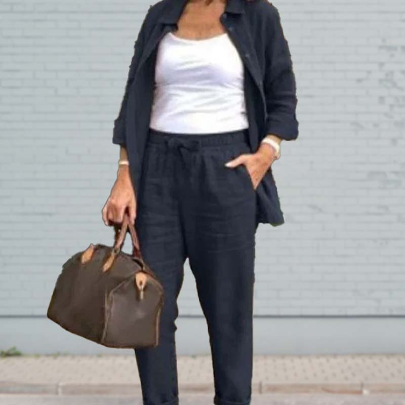 Women's terracotta linen two-piece set with button-front shirt jacket and drawstring tapered pants