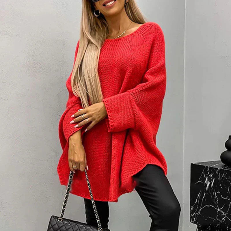Women's chunky knit oversized sweater in soft yarn, thigh-length cozy casual style with relaxed silhouette