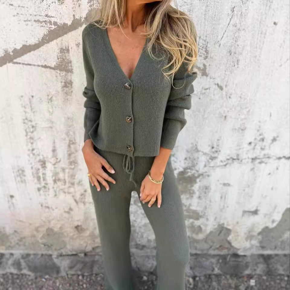 Cozy 2-piece cardigan matching set in neutral tones, relaxed fit with coordinated bottoms