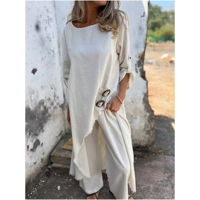 Ashleigh elegant two-piece coordinated set in neutral tones, flattering everyday wear ensemble