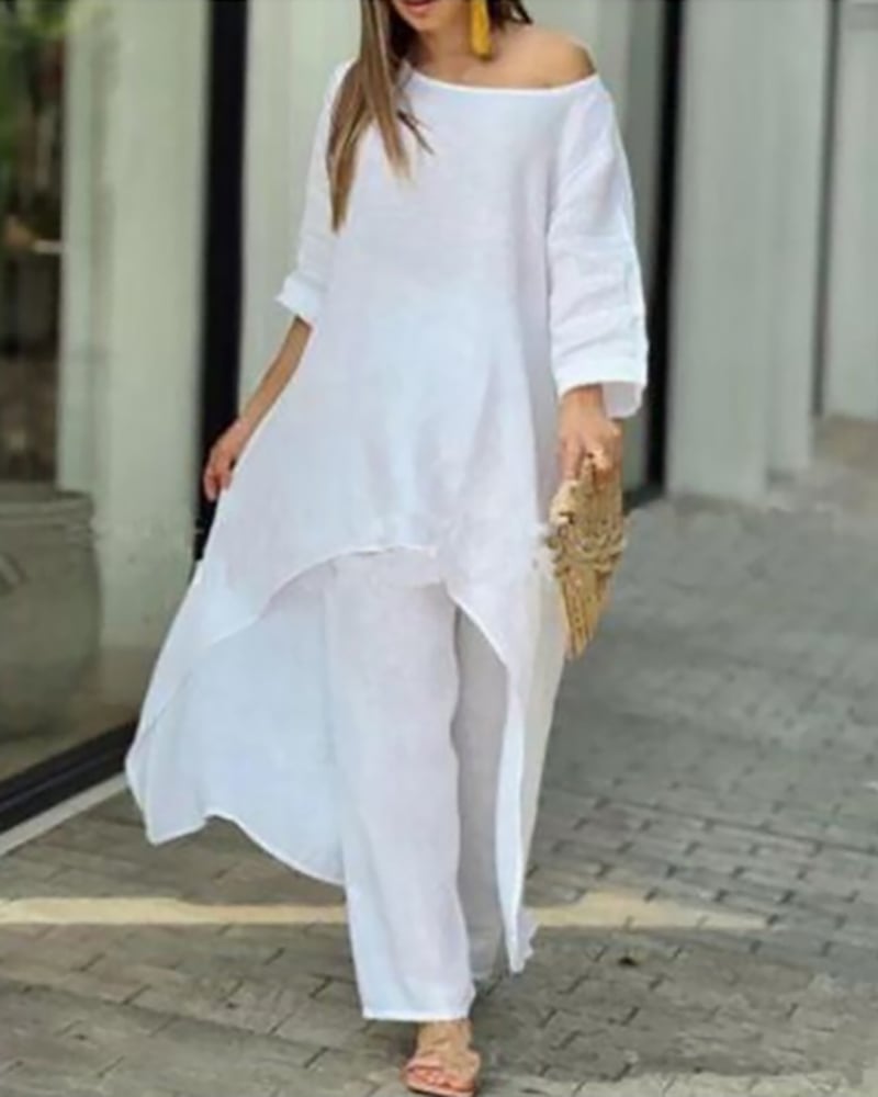 Beige linen two-piece set longline off-shoulder tunic with matching wide-leg pants