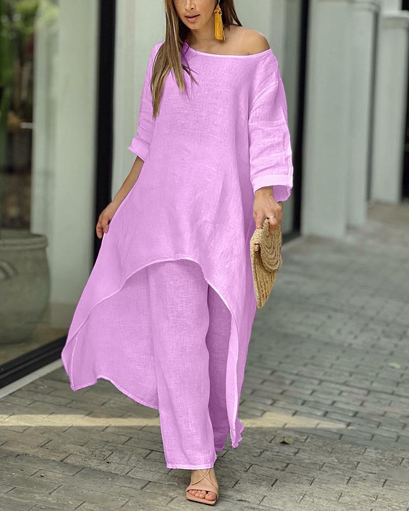 Beige linen two-piece set longline off-shoulder tunic with matching wide-leg pants