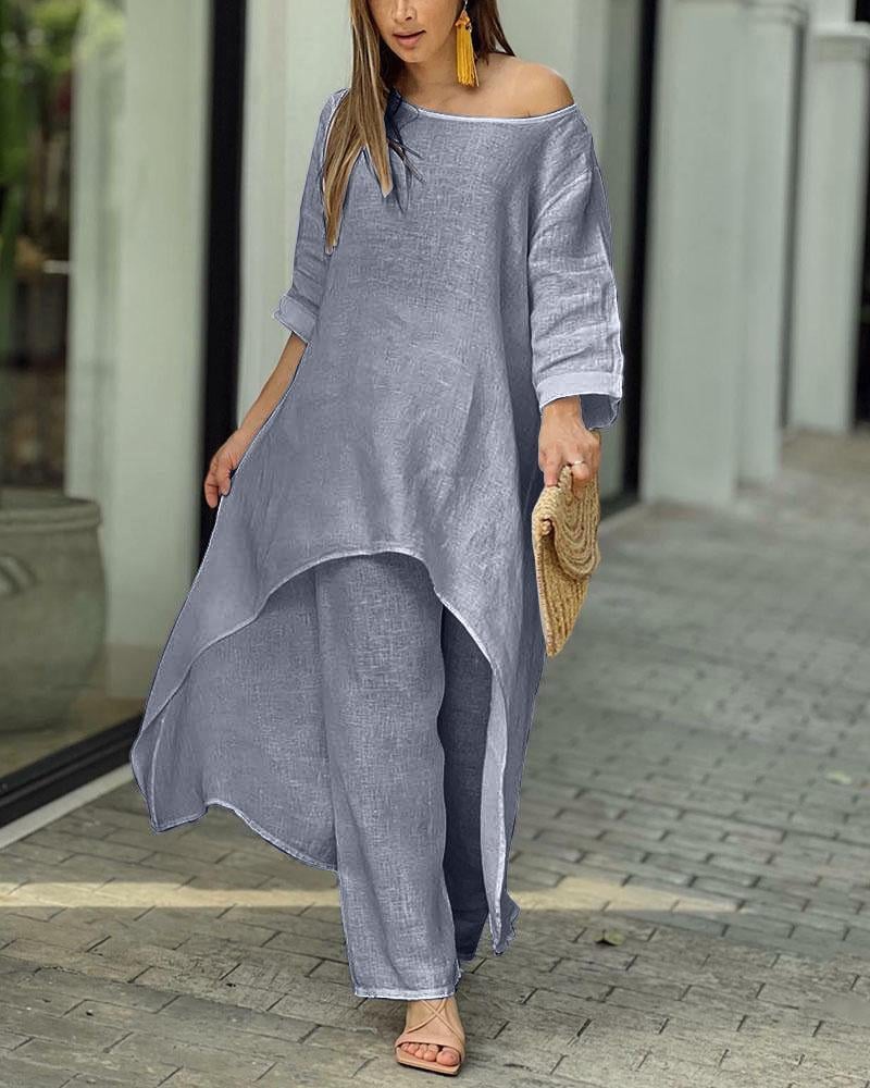 Beige linen two-piece set longline off-shoulder tunic with matching wide-leg pants