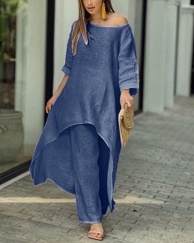 Beige linen two-piece set longline off-shoulder tunic with wide-leg pants