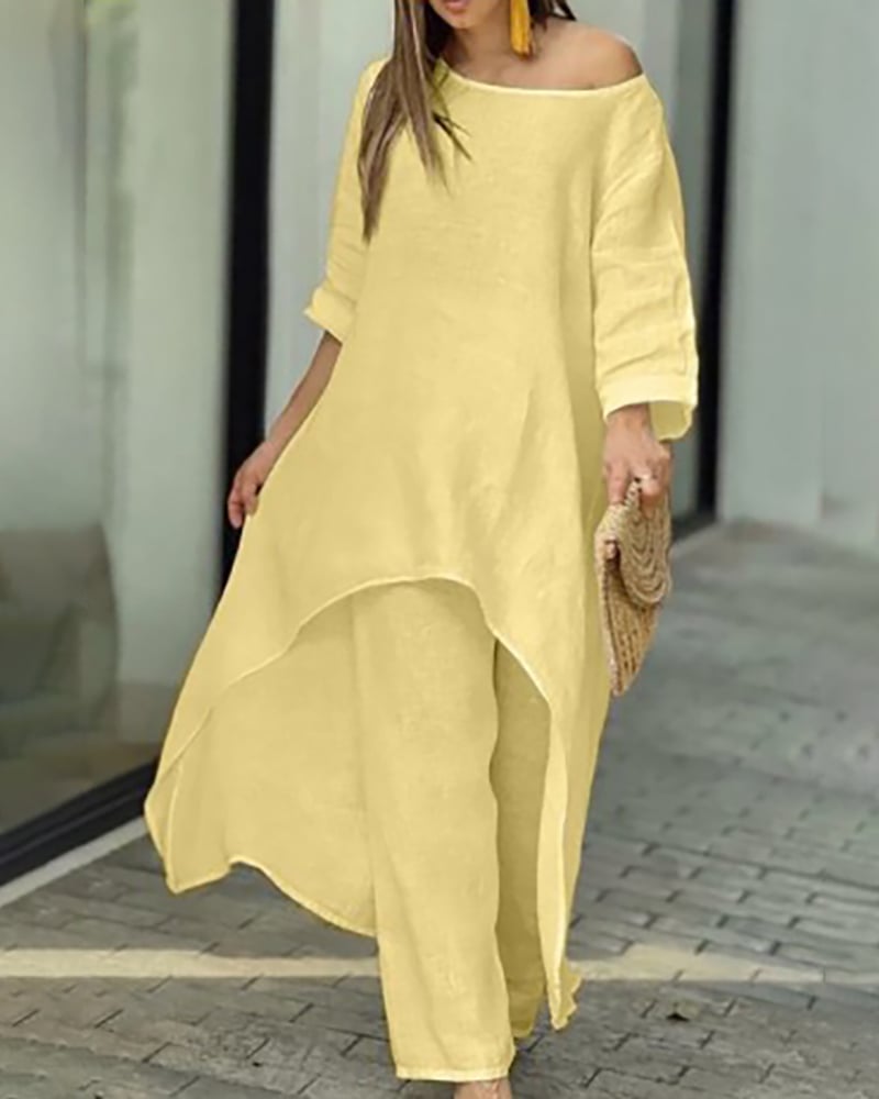 Beige linen two-piece set longline off-shoulder tunic with matching wide-leg pants