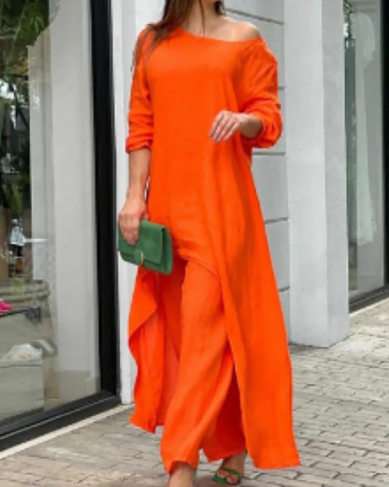 Beige linen two-piece set longline off-shoulder tunic with matching wide-leg pants
