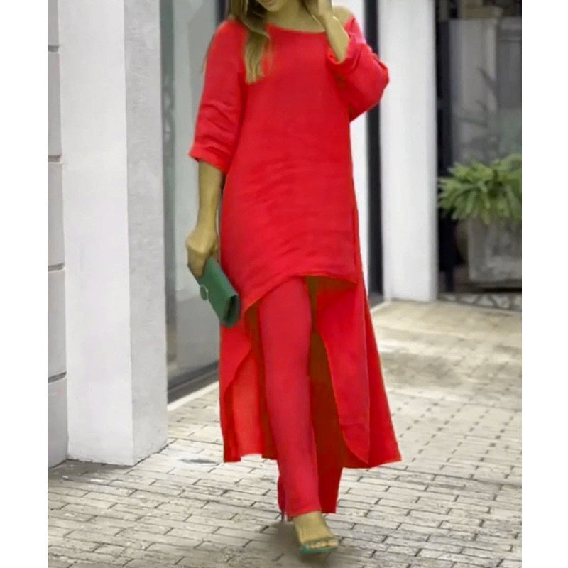 Beige linen two-piece set longline off-shoulder tunic with wide-leg pants relaxed fit