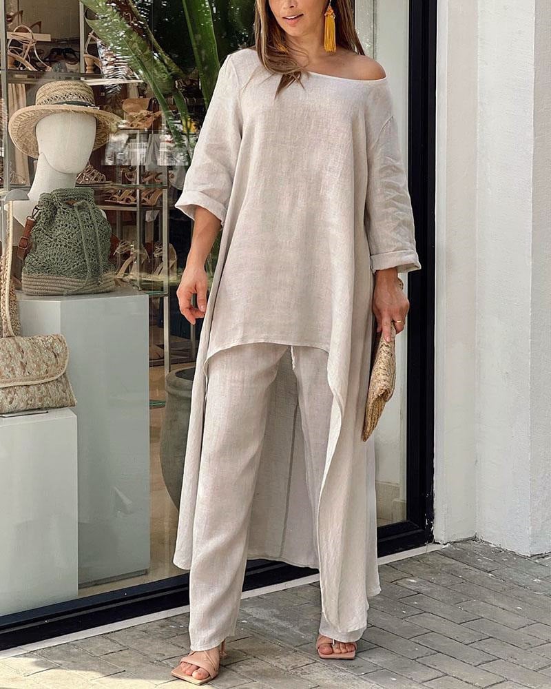 Beige linen two-piece set longline off-shoulder tunic with matching wide-leg pants