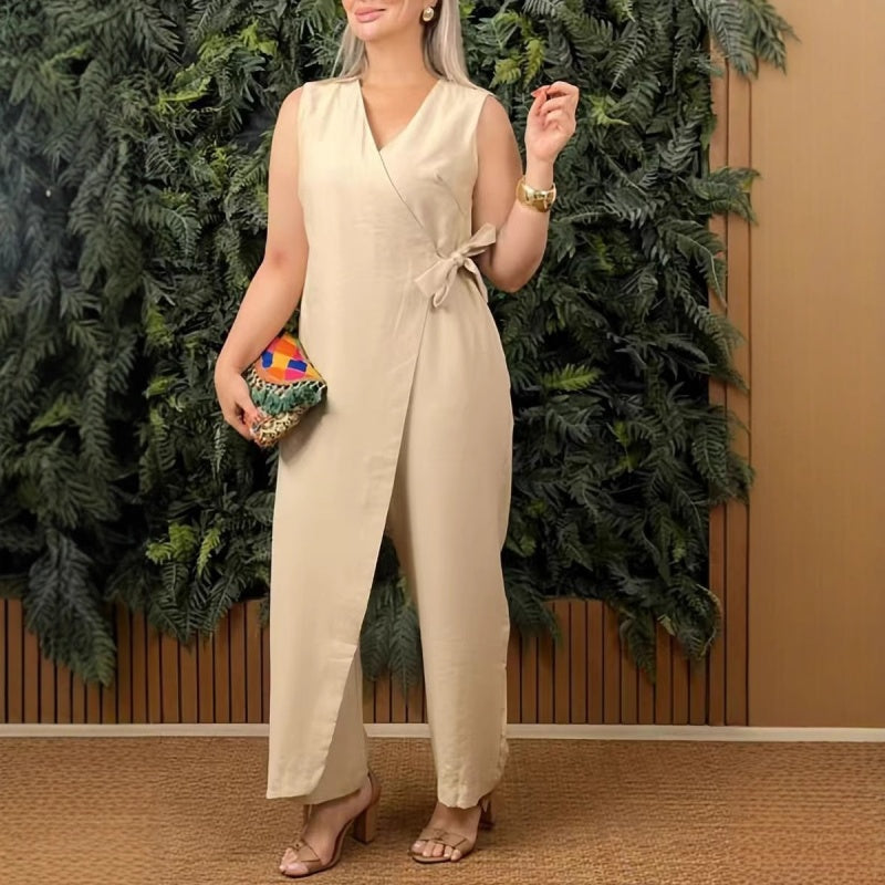 Black sleeveless wrap jumpsuit women tie waist V-neck straight-leg minimalist one-piece